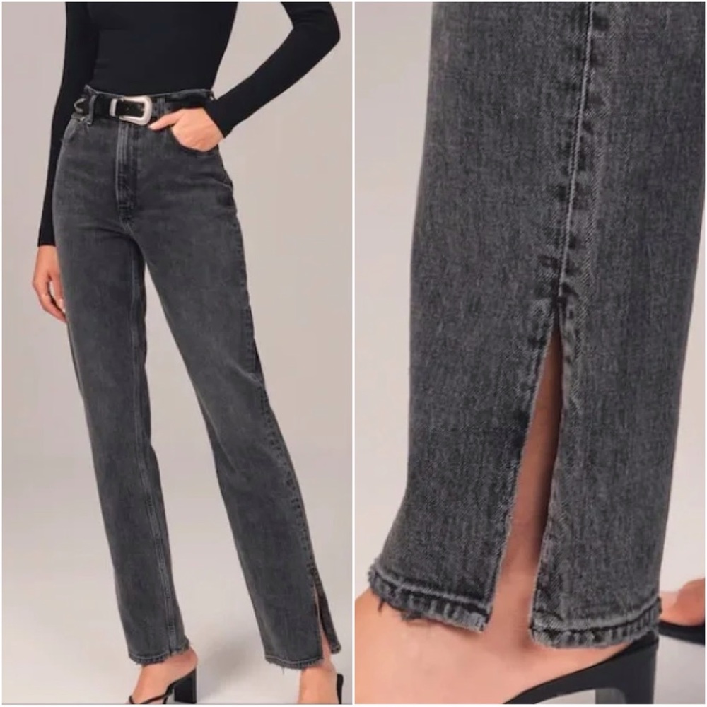 Abercrombie & Fitch Black Gray Curvy Love 90s Straight Ultra High Rise Split Hem
